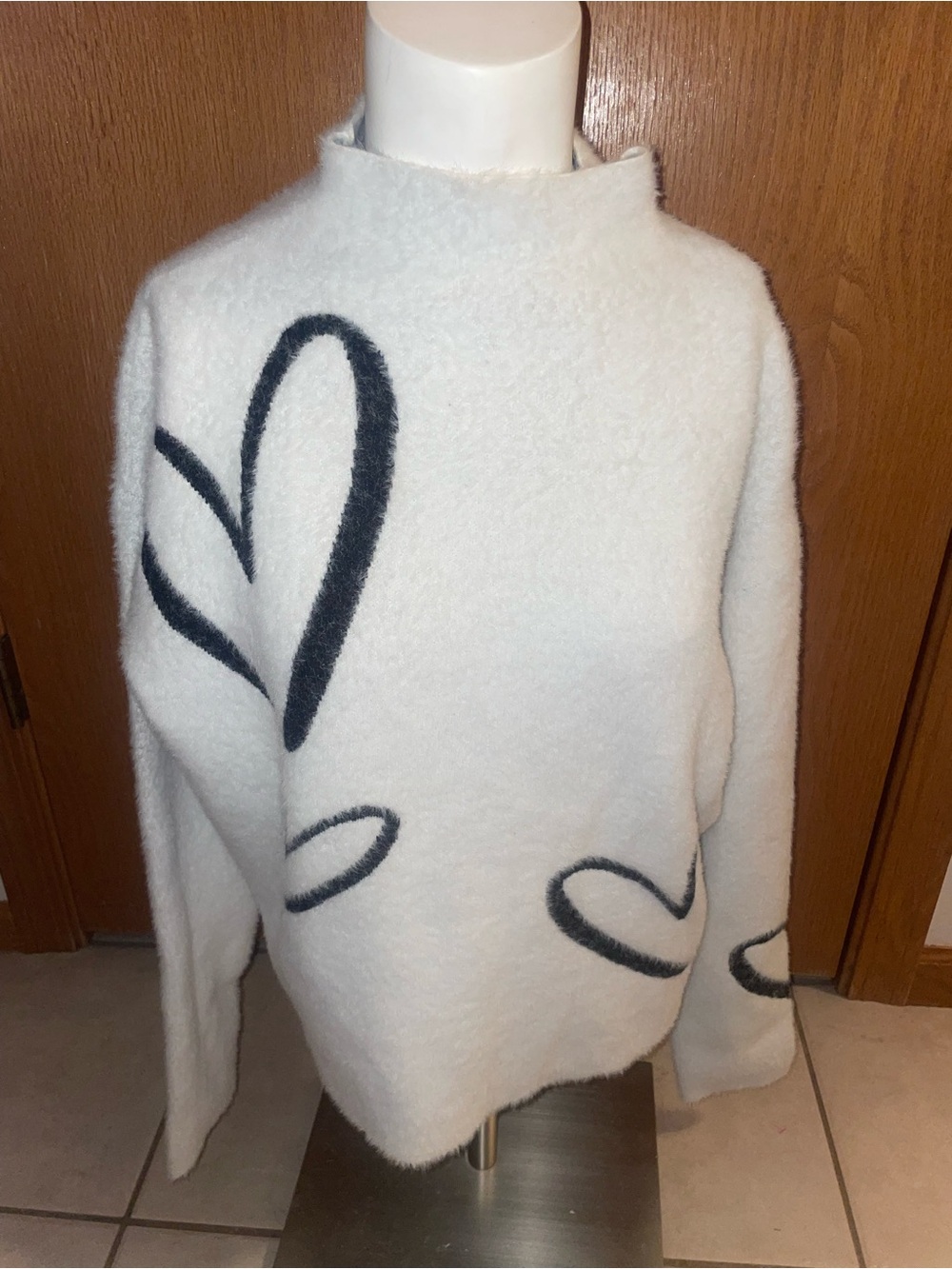 Rachel Zoe White Fuzzy Soft Sweater with Black Heart Motifs, New With Tags NWT